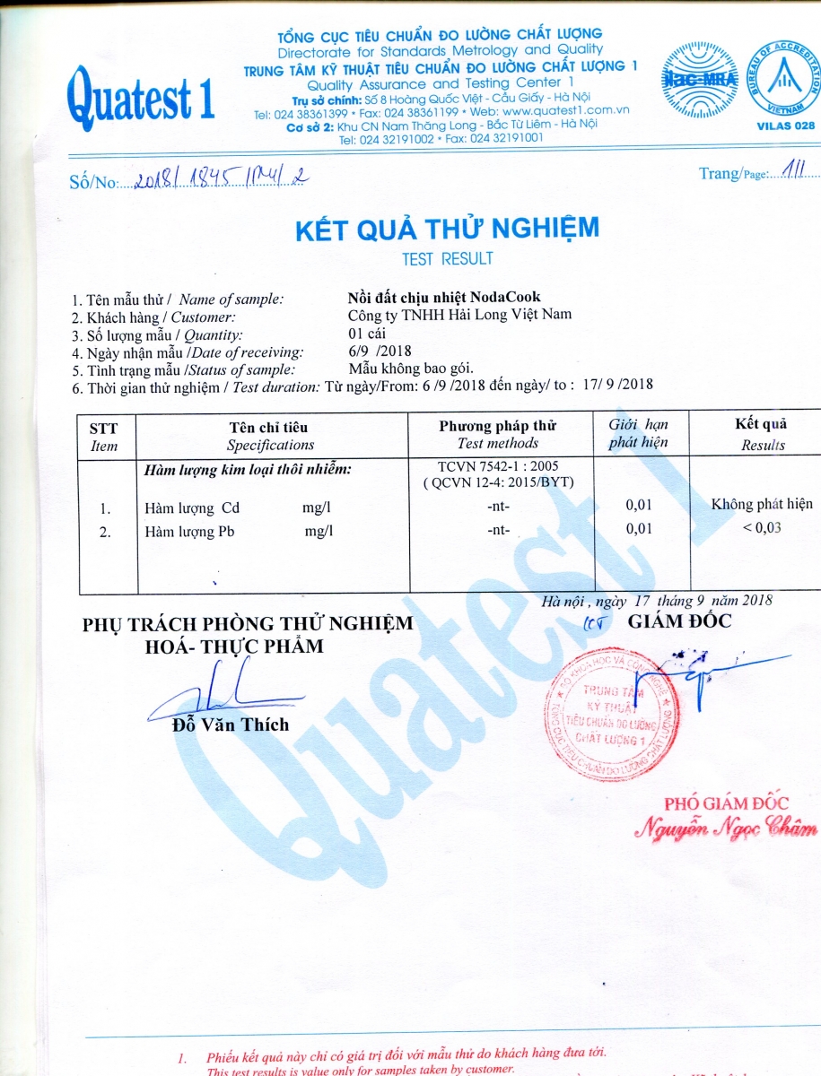 Kiểm định quatest1 nồi sứ tráng men NodaCook