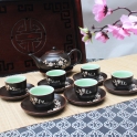 Bộ ấm chén vẽ hoa đào câu chúc Phúc Lộc Thọ - Vượng Khang Ninh (Men nâu)