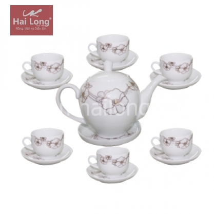 Bộ ấm trà sứ dáng Minh Long hoa dây vàng kim 800ml (Trắng)