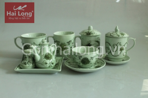 Bộ đồ gia vị bằng sứ vẽ hoa dây xanh rêu (Trắng)