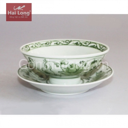 Bát cơm kiểu Nhật kèm đĩa kê vẽ hoa dây xanh cổ (Trắng)