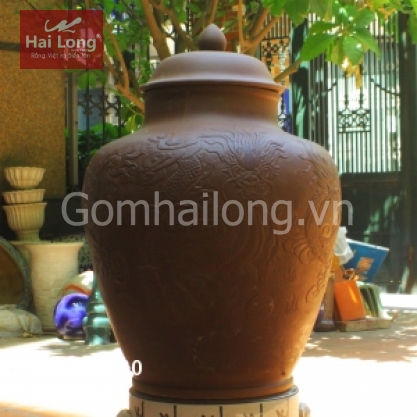 Chum sành 60 lít khắc nổi Hoa sen Cá chép