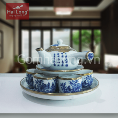 Bộ ấm chén trà men xanh giả cổ bọc đồng gốm sứ Bát Tràng