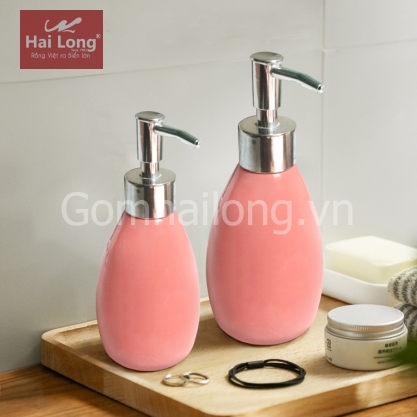 Bình phịt gốm sứ đựng dầu gội - sữa tắm dáng bầu (Mát hồng)