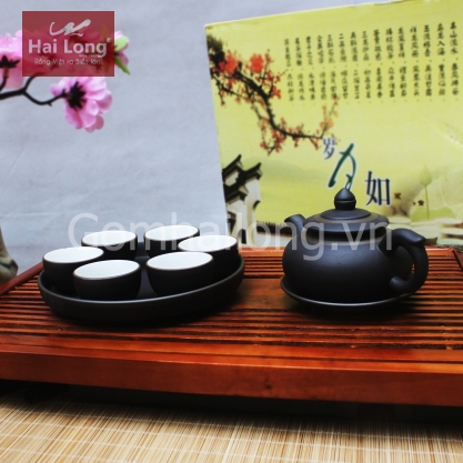 Bộ ấm chén tử sa chóp S2 chỉ bạc kèm khay tròn