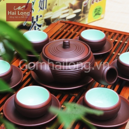 Bộ ấm chén tử sa vuốt tay quai ngang chỉ đỏ