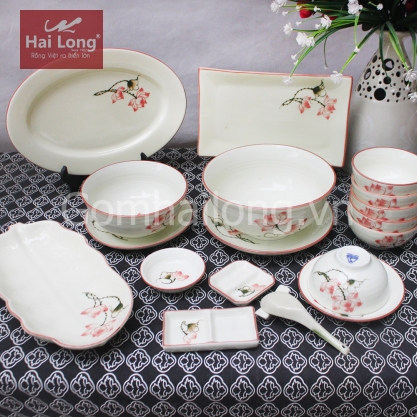 Set 19 sản phẩm bộ bát đĩa Sen chỉ hồng vẽ tay (Trắng)