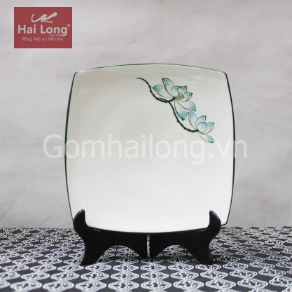 Đĩa sứ vuông Sen xanh vẽ tay (Trắng)