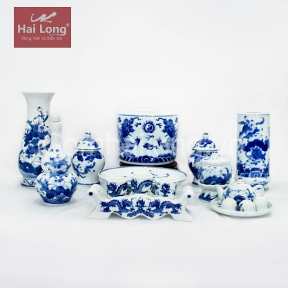 Bộ đồ thờ tâm linh bằng sứ Bát Tràng 10 sản phẩm (Xanh cổ)